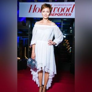 made in Italy Philosophy by Lorenzo Serafini white off the shoulder lace dress.